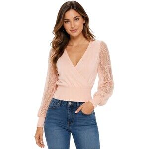 Madden Girl Lace Sleeve Knit Top Womens Pink Surplice V Neck Sweater NWT